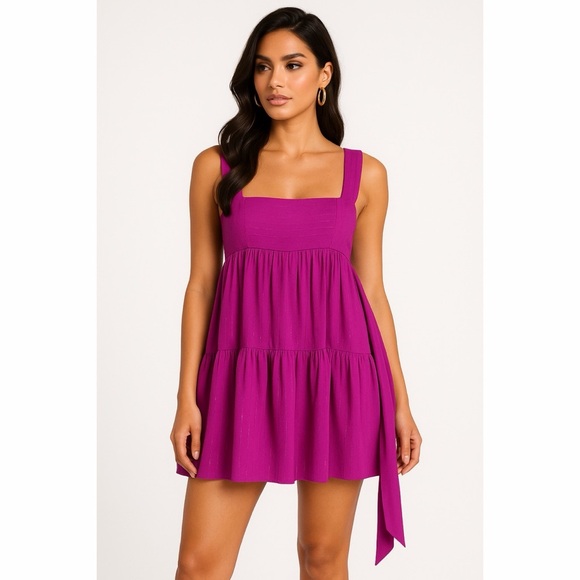 Lucy in the Sky Dresses & Skirts - Lucy in the Sky Tiered Tie Back Metallic Threaded Baby Doll Mini Dress